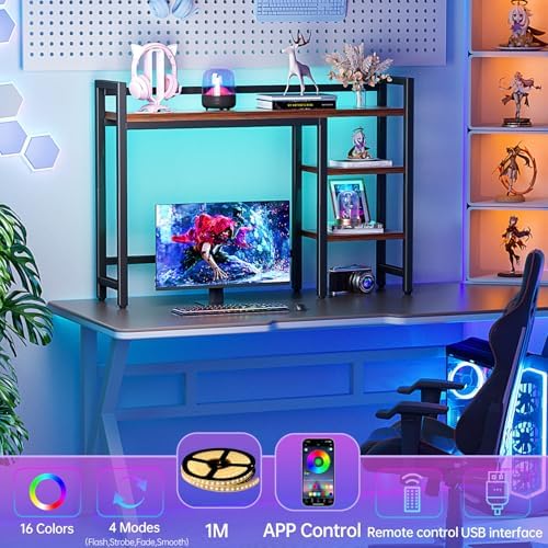 Desk Hutch with Colorful RGB Lights, 4 Tier Desk Top Shelf for Max 28" Computer Monitor, Desk Organizer Shelf for Tidy Storage Display, Desktop Bookshelf for Home, Office, Dorm, Gaming Table, Kitchen - Image 4
