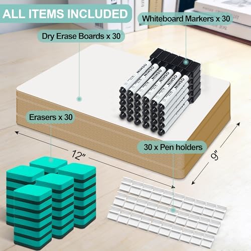 30 Pack Small White Boards, 9"x12" Double Sided Personal Dry Erase Boards Portable Handheld Whiteboards for Kids, Students, Teacher School, Include 30 Markers, 30 Erasers, 30 Pen Clips - Image 4