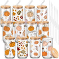 12 Pcs Fall Glass Cups with Lids and Straws 16 oz Autumn Pumpkin Leaves Coffee Tumblers Cozy Fall Drinking Cups Aesthetic Thanksgiving Gifts Bulk for Women Her Adults Party Favors by Yetene