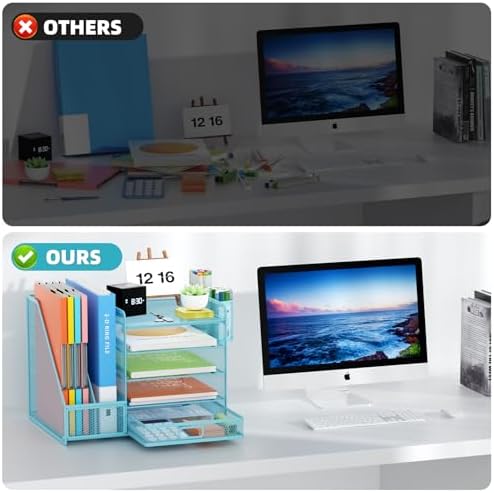 Marbrasse Desk Organizer with File Holder, 5-Tier Paper Letter Tray Organizer with Drawer and 2 Pen Holder, Mesh Desktop Organizer and Storage with Magazine Holder for Office Supplies(Blue) - Image 5