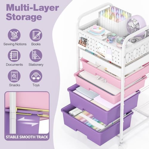 5 Drawer Rolling Storage Cart with Pegboard Top and Hooks, Dreamy Color - Image 3