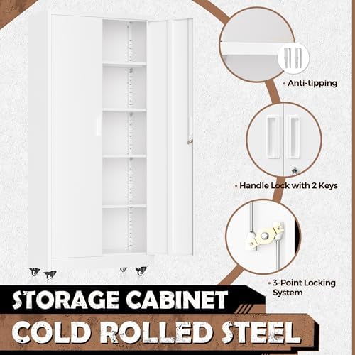 INTERGREAT Metal Garage Storage Cabinet with Wheels, Rolling Storage Cabinet with Locking Doors and 4 Adjustable Shelves,- 73" Steel Tool Cabinet for Home Office,Garage,Warehouse，White - Image 3