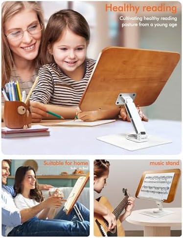 Book Stand for Reading, Adjustable Book Holder for Reading Hands Free, 360° Rotating Reading Stand, Large Rubberwood Cookbook & Bible Stand, Textbook Stand for Desk, Foldable Book Stand - Image 4