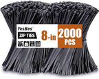 2000 PCS Zip Ties 8 Inch, Cable Ties 40lbs Tensile Strength, Black Zip Ties for Indoor and Outdoor Use, UV Resistant Wire Ties by YesBes