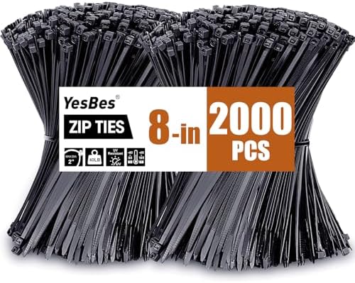 2000 PCS Zip Ties 8 Inch, Cable Ties 40lbs Tensile Strength, Black Zip Ties for Indoor and Outdoor Use, UV Resistant Wire Ties by YesBes