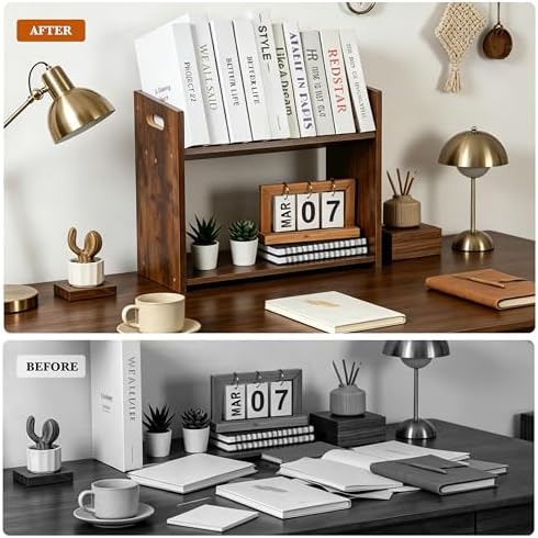 Desktop Bookshelf, 2 Tier Desk Shelf Organizer, Wood Office Tabletop Bookcase, Small Tabletop Book Rack, Portable Mini Bookcase for Book Display, Office, Home, Bedroom, Storage and Display - Image 6
