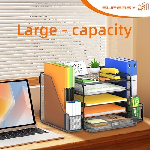 SUPEASY Mesh Desk Organizer with File Holder, 5-Tier Paper Letter Tray Organizer with Magazine Holder, Desktop Organizer and Storage with Drawer for Office Supplies Home or School (Black) - Image 2