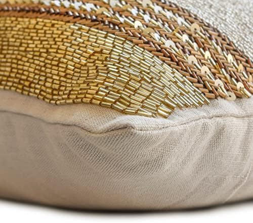 The HomeCentric Decorative Gold & Brown 12"x18" (30x45 cm) Lumbar Pillow Cover, Linen Beaded, Sequins & Embroidery Oblong Pillow, Abstract Pattern Modern Style - Casting A Glow - Image 3