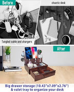 Nightstand Organizer with Drawer Built in 4 USB Quick Charger, Wood Phone Docking Station with Dual Phone Charging Station for Apple Android Phones Anniversary Birthday Gifts for Men Dad Hunsband Mom - Image 4