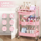 KINGRACK 3 Tier Metal Rolling Cart with Drawer, Pink Utility Storage Cart - Image 3
