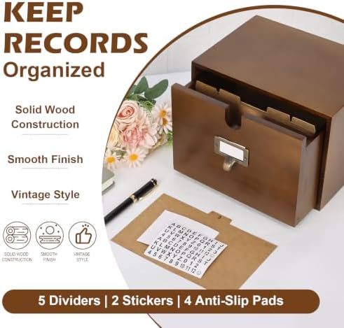 DLUGOPIS 5×8 Index Card Holder Pine Wood Index Card Organizer Box with Drawers Brown Vintage Card Catalog Box Recipe Notecard Box 5 Index Cards Dividers 2 Letter Smile Stickers for School Office - Image 7