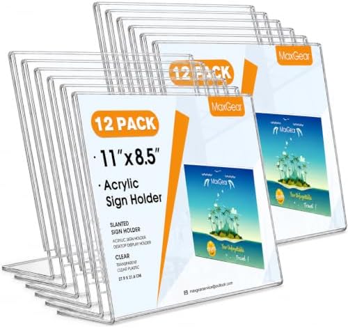 MaxGear Acrylic Sign Holder 8.5x11 Inches Horizontal 12 Pack, Slant Back by MaxGear