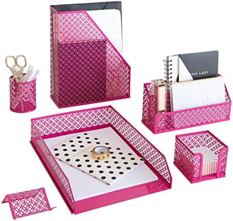 BLU MONACO Pink Office Supplies Hot Pink Desk Accessories for Women Office - 6 Piece Cute Pink Desk Organizer Set by Blu_Monaco