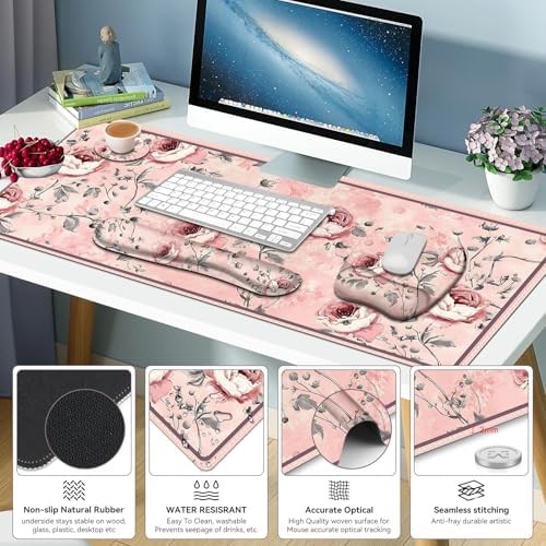 4 in 1 Large Mouse Pad, Keyboard Wrist Rest Set, Ergonomic Mouse Pad with Wrist Support, Desk Mat with Stitched Edges Extended Desk Pad Waterproof Desk Mat for Home Office Game I Pink Rose Flowers - Image 5
