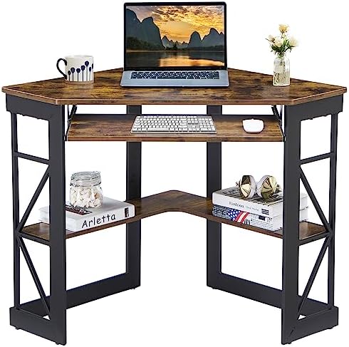 VECELO Corner Computer Desk 41 x 30 inches with Smooth Keyboard & Storage Shelves for Home Office Workstation, Antique Brown by VECELO