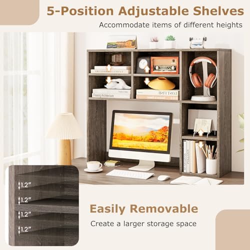 DREAMADE Desk Hutch, 37" Wooden Desktop Bookshelf with 7 Cubes, Grey Oak - Image 4