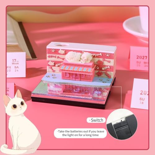 3D Calendar 2027,Time Piece Calendar 2027 With LED Lights,3D Art Calendar Memo Pad,Cat Home Desktop Decoration,Tear-Away 3D Paper Art Notepad,Christmas Gift,New Year Gift (Sweet-Dream Cat Home) - Image 4