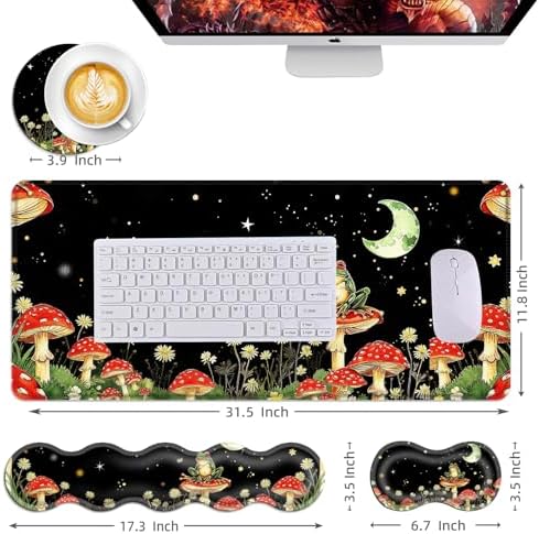 Mouse Pad,Large Desk Mat Set, 4in1 XL Mousepad + Keyboard Wrist Rest+Mouse Wrist Rest+Coaster with Ergonomic Desk Pad for Home Office Table Computer Cover -Aesthetic Mushroom Frog - Image 6