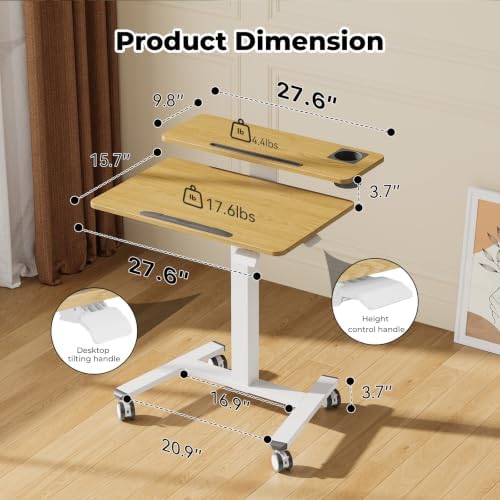 28" Mobile Standing Desk, Tiltable Top with 2-Tier Shelves, Maple - Image 2