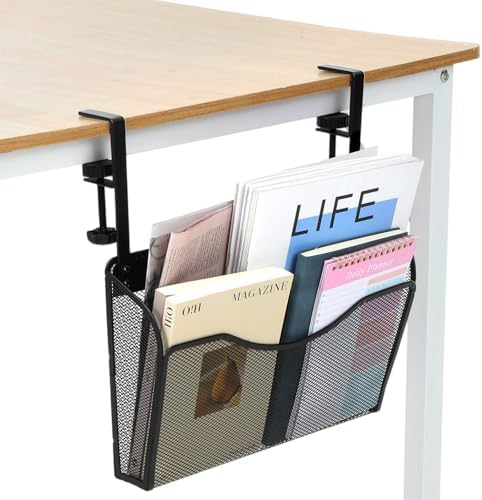 Clamp On Desk Organizer, 2-IN-1 Under Desk Side Organizer Storage, Wall Mounted Mesh File Rack, Hanging Office Organization for Document Magazine Paper School Supplies by AojSup