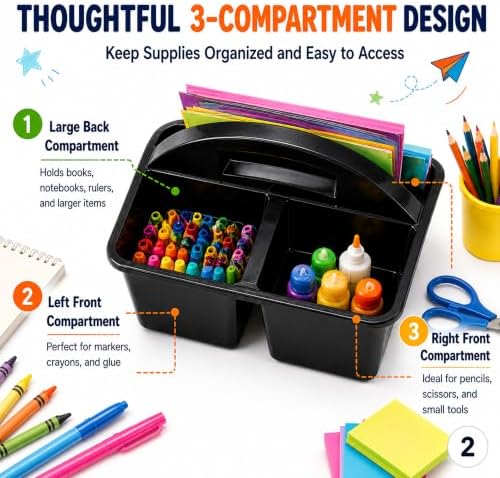 Haundry 6 Pack Black Classroom Caddy, 3-Compartment Plastic Supply Bins - Image 4
