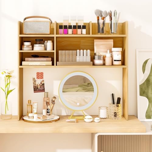 BECOMFORT Desk Hutch, Desk Organizer Shelf w/ 6 Storage Compartments, up to 32” Monitor, Wooden Display Rack, Desktop Bookshelf for Vanity Dressing Tabletop College Dorm Home & Office - Image 4