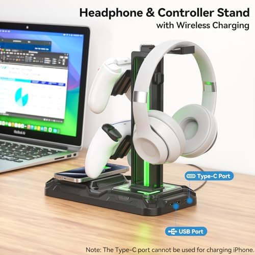 KDD Headphone & Controller Stand with Wireless Charging - Rotatable Headset Stand with 9 Light Modes - Controller Holder with 2 USB and Type C Ports - for Gamers Desktop Accessories - Image 2