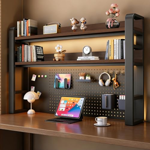 Desk Shelf-Includes a Pegboard and 31-Piece Storage Set, Desk Shelf Organizer for Top of Desk, Desk Hutch for Office & Home Office&Dorm (3-Tier Black Frame + Walnut Board 45.3×9.8×36.6") by Unknown
