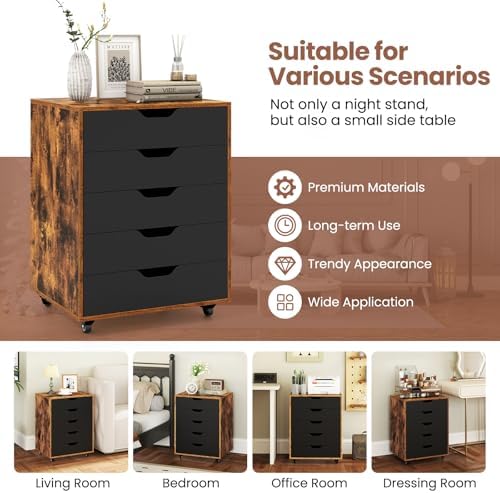 Byroce 5-Drawer Storage Cabinet with Wheels, Mobile Office Cabinet, Coffee - Image 7