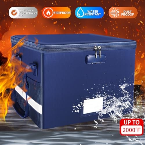 ENGPOW File Box with Lock, Fireproof Document Box with Zipper＆Pockets, Collapsible File Organizer Filing Storage Cabinet with Handle, Portable Home Office Safe for Hanging Letter/Legal Folder, Blue - Image 3