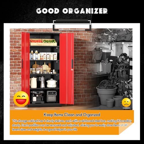 Greenvelly Metal Garage Storage Cabinet with Lock, 72" Metal Storage Cabinet with 2Doors and 4Adjustable Shelves, Steel Tool Cabinet for Home Office, School,Gym (Black&Red) - Image 4