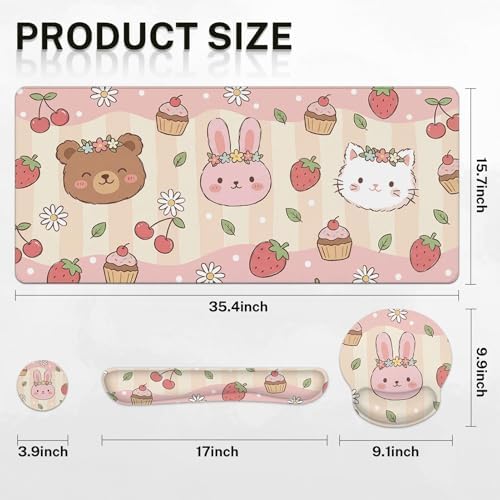 Arttown Keyboard Mouse Pad Set, 4 in 1 Desk Mat Set Strawberry Kawaii - Image 2