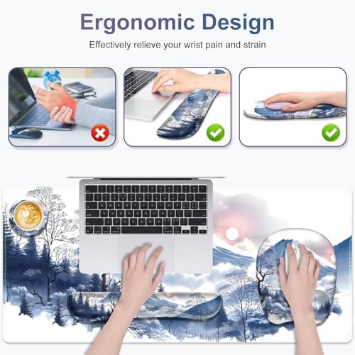 4 in 1 Large Mouse Pad, Keyboard Wrist Rest Set, Ergonomic Mouse Pad with Wrist Support, Desk Mat with Stitched Edges Extended Desk Pad Waterproof Desk Mat for Home Office Game I Snowy Mountain Sun - Image 3