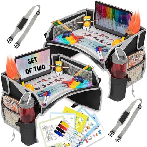 PILLANI Kids Travel Tray for Car - Carseat Tray w/iPad Holder & Dry Erase Board, Road Trip Essentials - Toddler Lap Desk Organizer for Airplane - Roadtrip Activities & Travel Essentials - Pack of 2 by Pillani