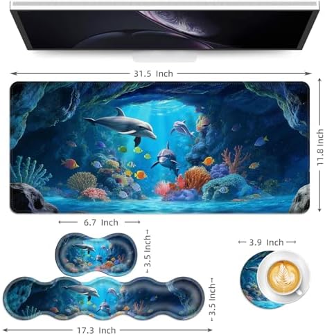 Keyboard Mouse Pad Set, Extended Gaming Mouse Pad+Ergonomics Keyboard Wrist Rest Support, Memory Foam, Easy Typing Pain Relief, 4Pcs XL Ultra Thick Desk Mat,Underwater World Dolphins - Image 6