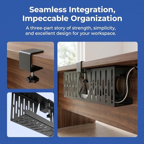 Under Desk Cable Management Tray, Cord Organizer for Desk Cable Management Tray Under Desk with Clamp for Home Office, Standing Desk (2Pack Black) - Image 7