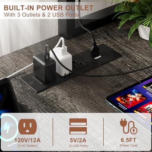 Aheaplus L Shaped Gaming Desk with Power Outlets & LED Lights, Black Oak - Image 3