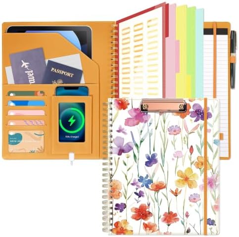 Ospelelf Clipboard with Storage for Women, Leather Padfolio Portfolio Organizer 5 Folders with 10 Pockets, Spiral Clipboard Folio with Notepad for Letter Size, Elastic Closure and Pen Loop Flowers by OspelelfOfficeSupplies