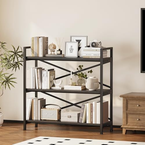 Homeiju 3 Tier Bookshelf 31.49" Width, Wood and Metal Etagere Bookcase, Vintage Farmhouse Modern Wooden Big Book Shelf for Home Living Room Bedroom Office Storage(Black) - Image 2