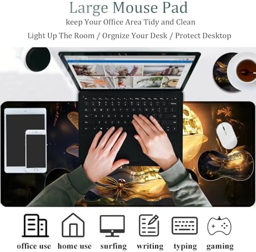 4 in 1 Mouse Pad Combo, Large Gaming Mouse Pad + Keyboard Wrist Support + Mouse Wrist Rest + Coaster, Table Pad 31.5 "x 11.8" with Memory Foam Ergonomic Wrist Pad Set, Dragonfly Under The Moon - Image 4