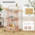 DTK 3 Tier Rolling Utility Cart with Cover Top Board, Movable Kitchen Storage Cart Trolley with Lockable Wheels, Cups, Hooks for Kitchen Bathroom Home Office Art Craft Storage and Organization(Pink) - Image 2