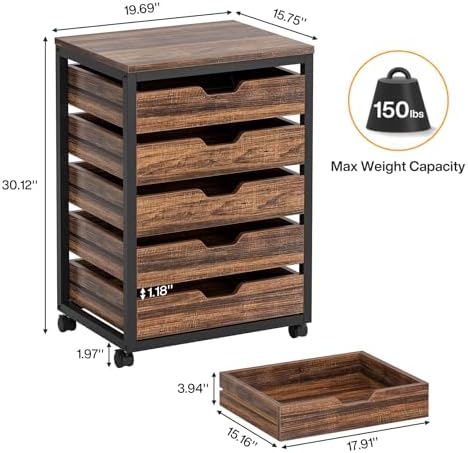 Tribesigns 5-Drawer File Cabinet, Wood Mobile Storage Drawer, Rustic Brown - Image 2