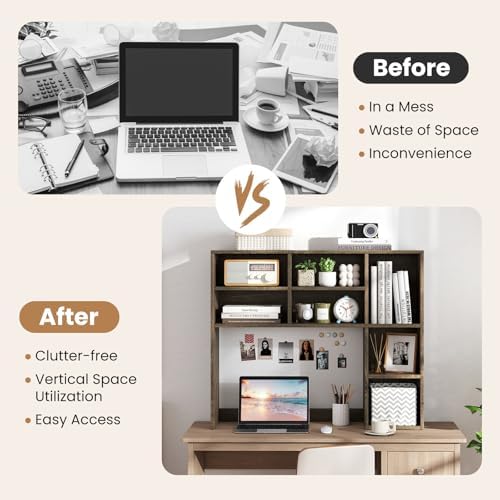 GOFLAME 7 Cubes Desktop Bookshelf, 37” Desk Organizer Shelf with 3 Adjustable Shelves, 3-Tier Wood Countertop Display Rack, Multipurpose Tabletop Desk Hutch for Dorm, Home Office, Gray - Image 6