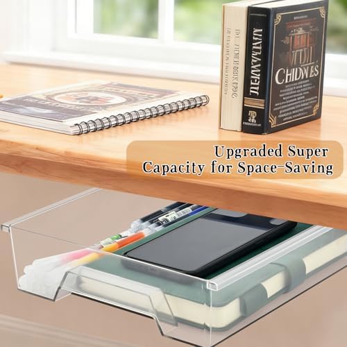 2 Pack 10.91"x 8.23" Under Desk Drawer Storage Organizer, Durable PC Material Self-Adhesive with Slide Out Rail, Hidden Hanging Desk Drawer for Office Supplies, Stationery, No Drilling Install, Clear - Image 4