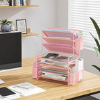 Simple Trending 7 Tier Desk File Organizer, Letter Tray Paper Organizer with Pen Holder and Metal Hanging Basket, Pink - Image 6