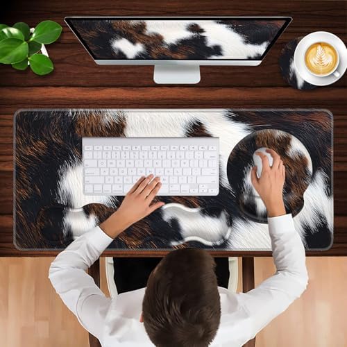 Mouse Pad,Large Pink Desk Mat, 4in1 XXL Mousepad + Keyboard Wrist Rest+Mouse Wrist Rest+Coaster Set with Ergonomic Desk Pad for Home Office Table Computer-Cute Cowhide Brown Black Cow - Image 4