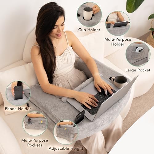 Reading Pillow for Gaming – Extra Large Lap Desk & Arm Rest with Cup & Phone Holder, Adjustable Heights, Laptop Support, Large Pockets – Comfortable for Work, Gaming & Crocheting (Furry Grey) - Image 3