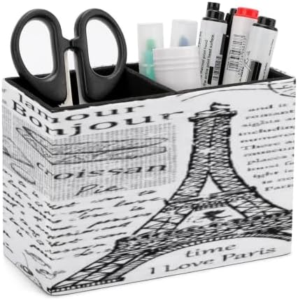 PU Leather Multi-Compartment Pen Holder Desktop Organizer Pencil Cup Storage Caddy for Office Home Supplies Hand Drawn Vintage Paris Eiffel Tower by Unknown