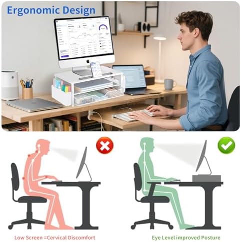 AUPSEN White Monitor Stand Riser, 2-Tier Wood Computer Desk Organizer with Drawer, Pen Storage & Phone Holder, Office Desk Accessories Desktop Organizer for Office Supplies (White) - Image 2