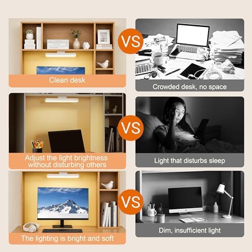 3 Tier Desktop Bookshelf with Rechargeable Eye-Friendly LED Desk Light, Desk Hutch Organizer with 5 Shelves, Wooden Desk Bookshelf for Office, Dorm and Small Space, Burlywood - Image 4